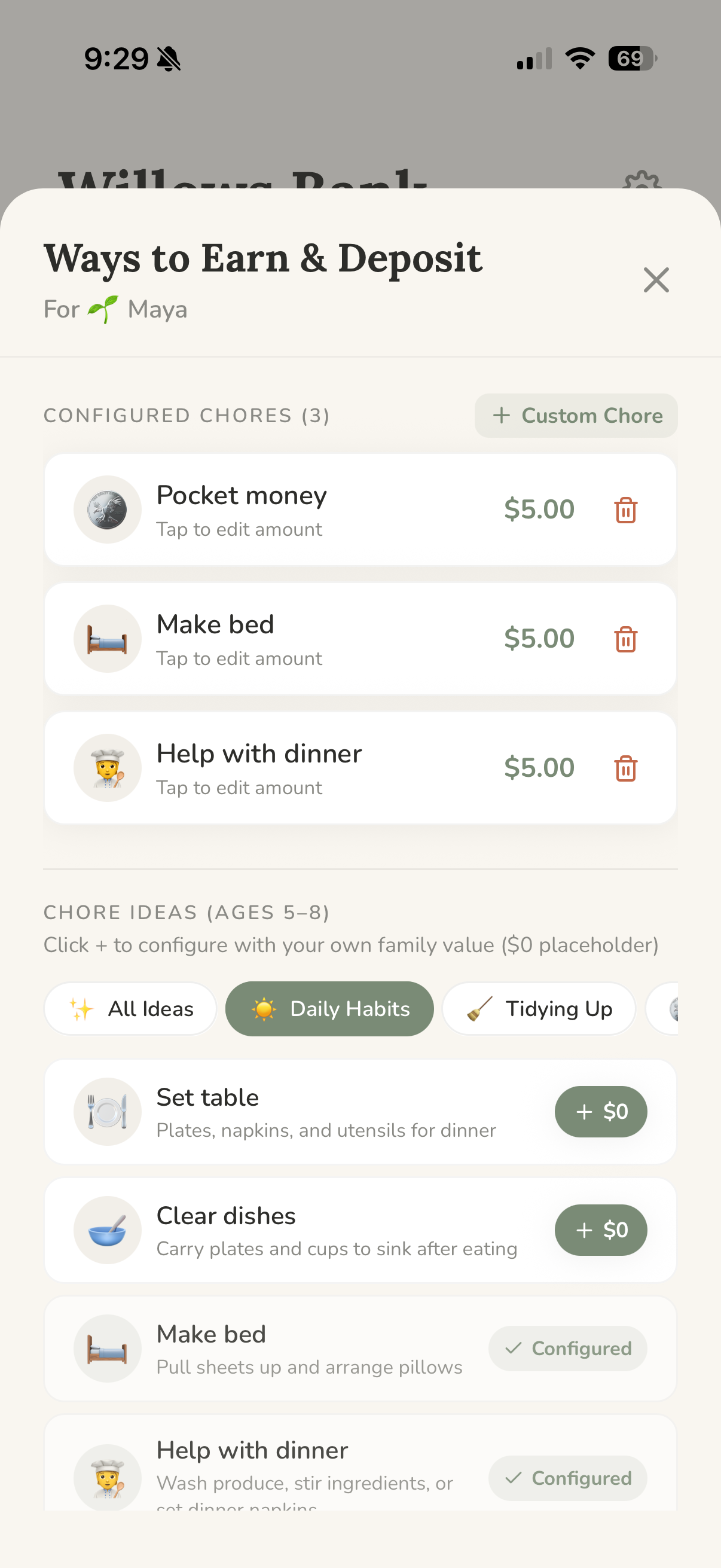 Ways to Earn and Deposit Chores Screen