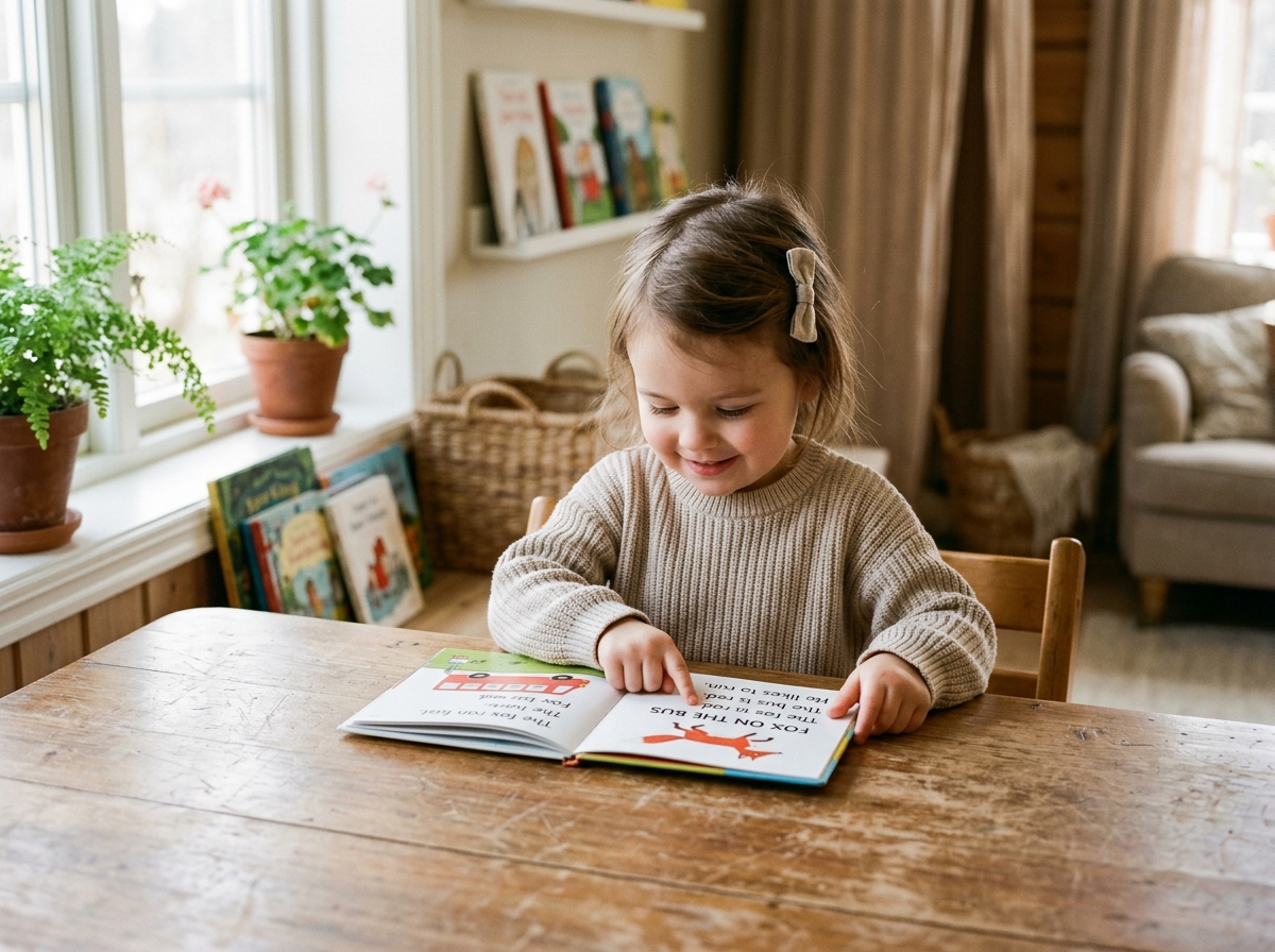 Young child reading a book peacefully at a wooden table